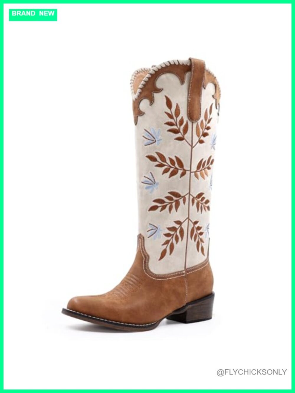 Womens Cowboy Boots Leaf Embroidered Knee High Pull On Chunky Heel Western